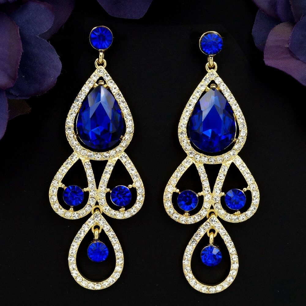 Rhinestone Drop Earrings
 New 18K Gold GP Blue Crystal Rhinestone Chandelier Drop