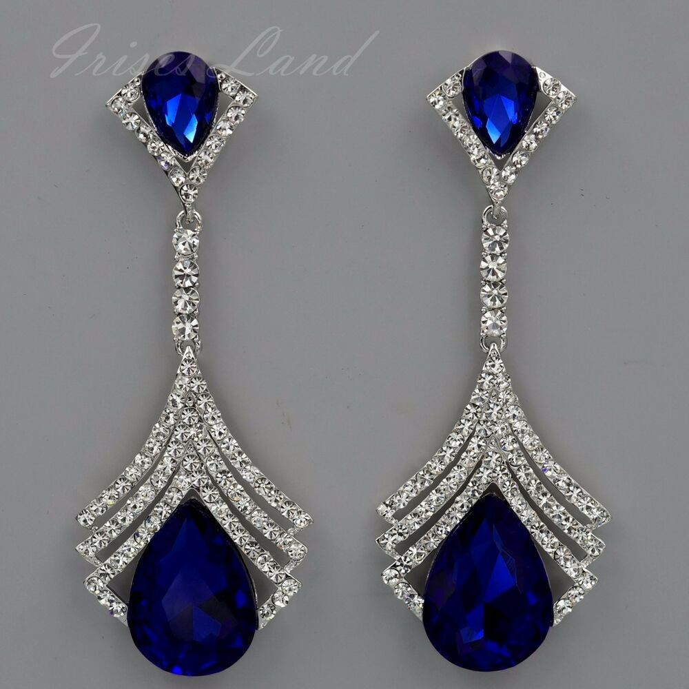 Rhinestone Drop Earrings
 Rhodium Plated Blue Crystal Rhinestone Chandelier Drop