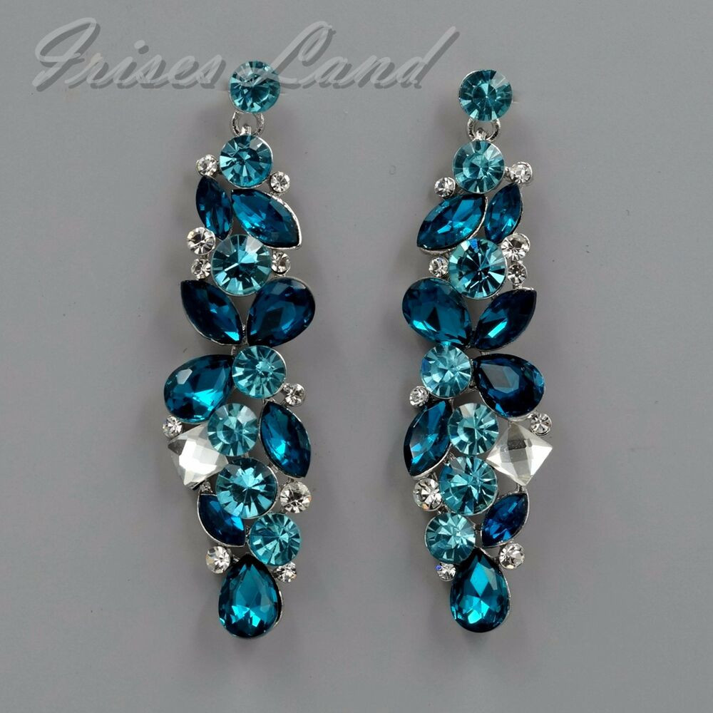 Rhinestone Drop Earrings
 Rhodium Plated Aqua Blue Crystal Rhinestone Chandelier