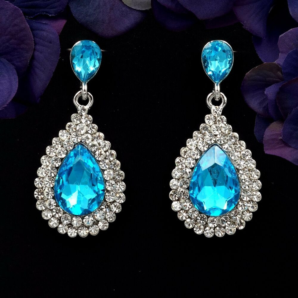 Rhinestone Drop Earrings
 New Rhodium Plated Blue Crystal Rhinestone Chandelier Drop