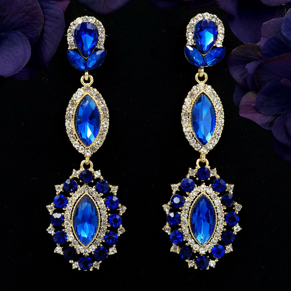 Rhinestone Drop Earrings
 18K Gold Plated GP Blue Crystal Rhinestone Chandelier Drop