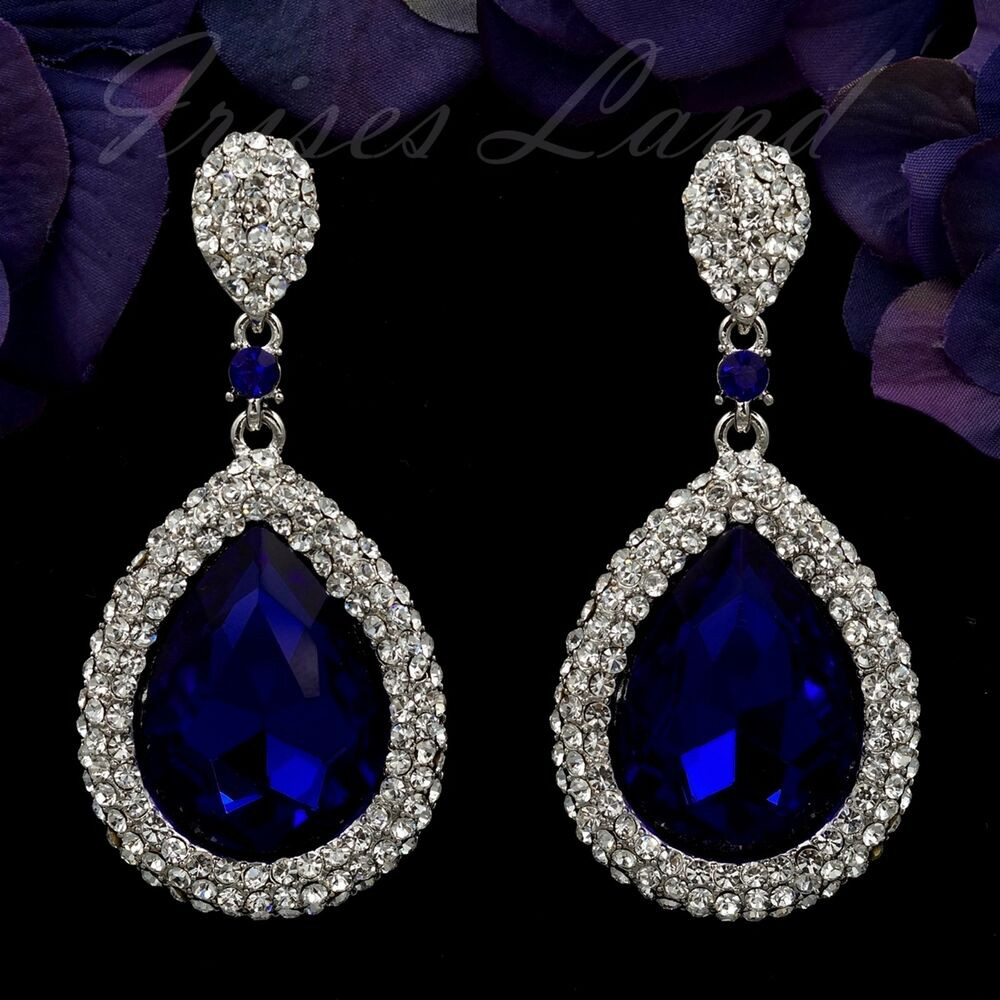 Rhinestone Drop Earrings
 Rhodium Plated Sapphire Blue Crystal Rhinestone Drop