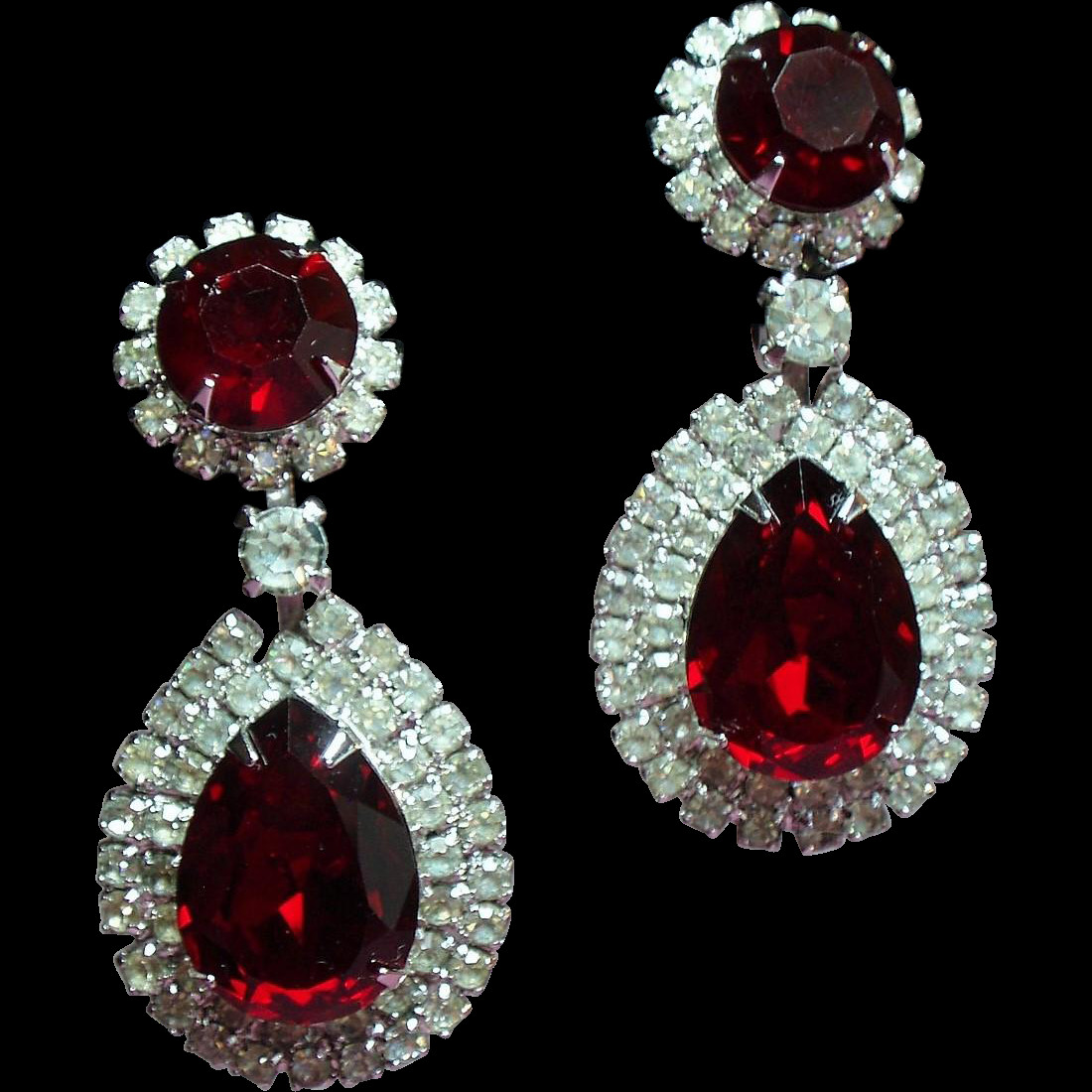 Rhinestone Drop Earrings
 Vintage Huge Red Pear Rhinestone Drop Earrings from