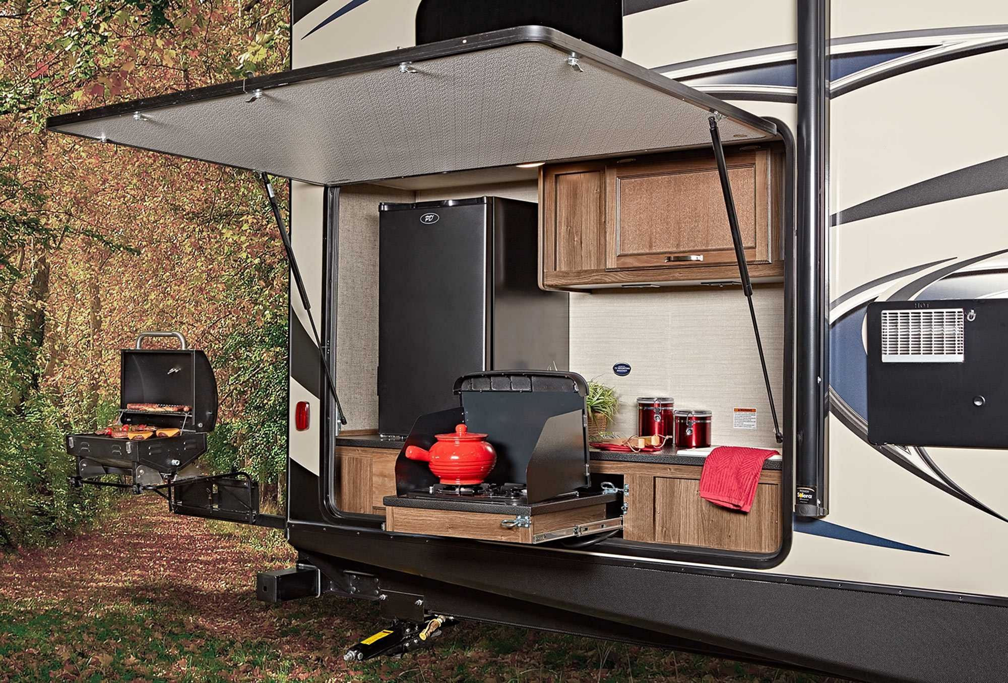 hybrid travel trailer with outdoor kitchen