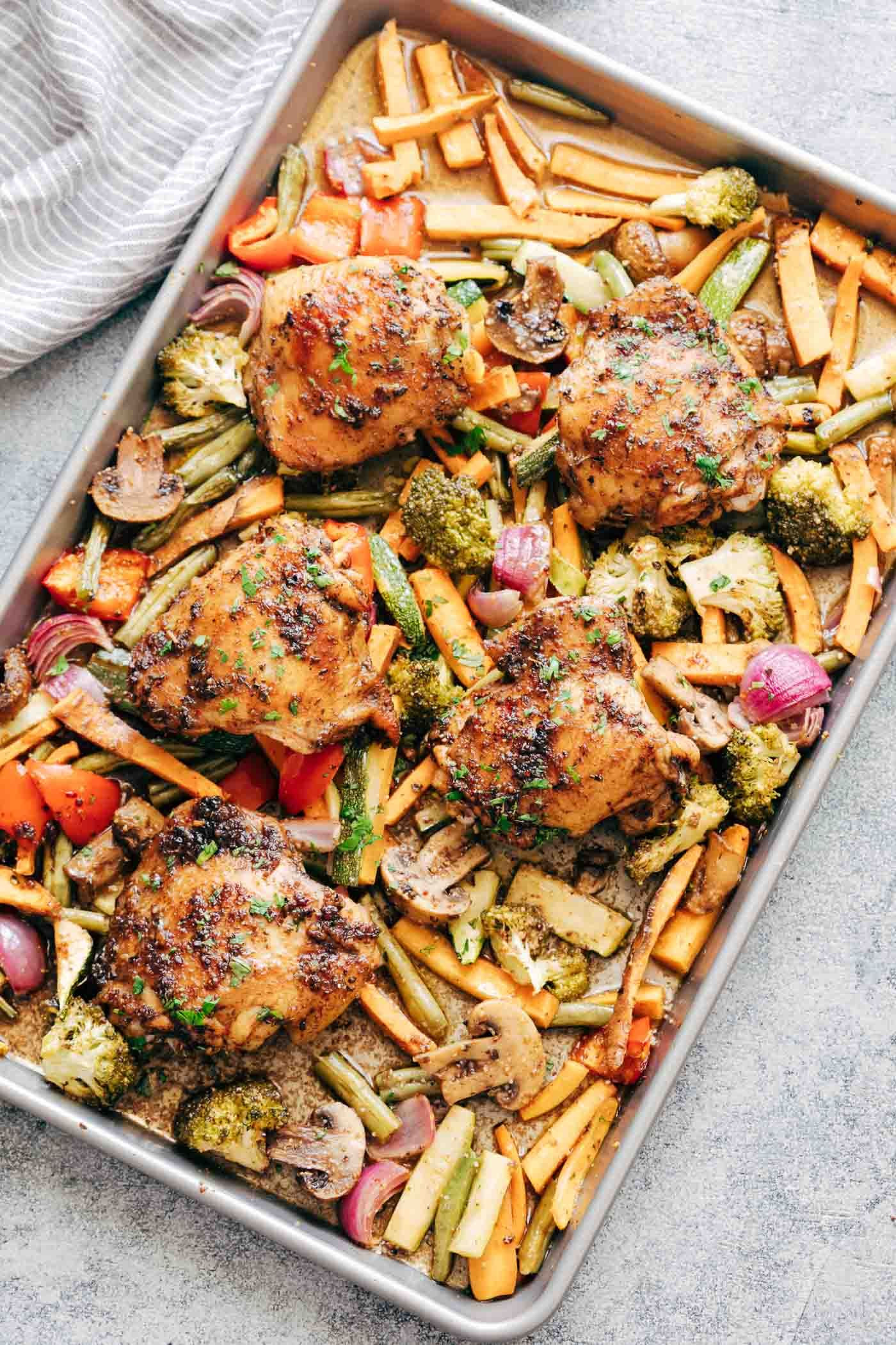 Sheet Pan Boneless Chicken Thighs
 Sheet Pan Honey Balsamic Chicken Thighs with Veggies