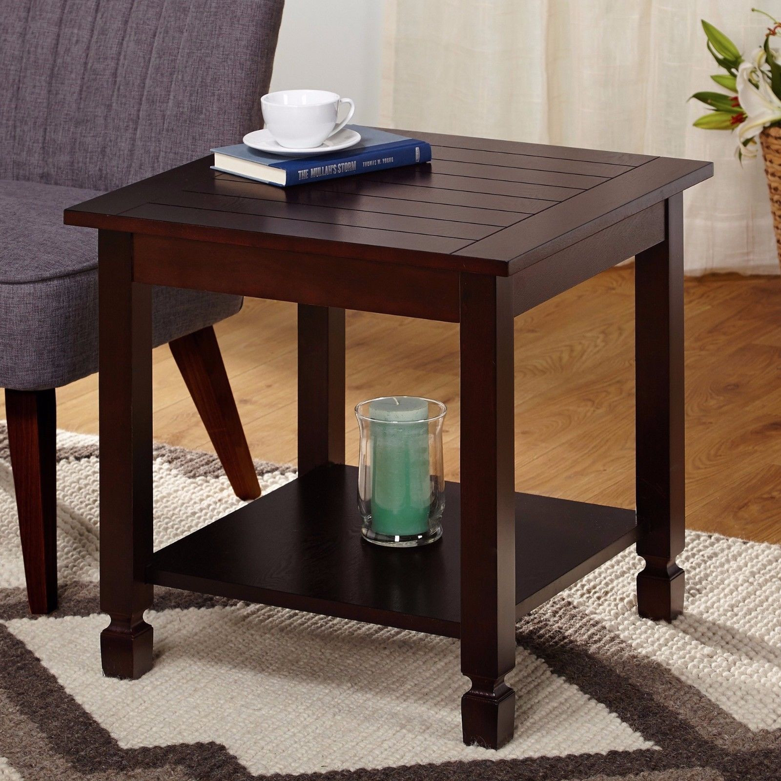 Side Table For Living Room
 Espresso Finish Square End Table with Lower Shelf Living
