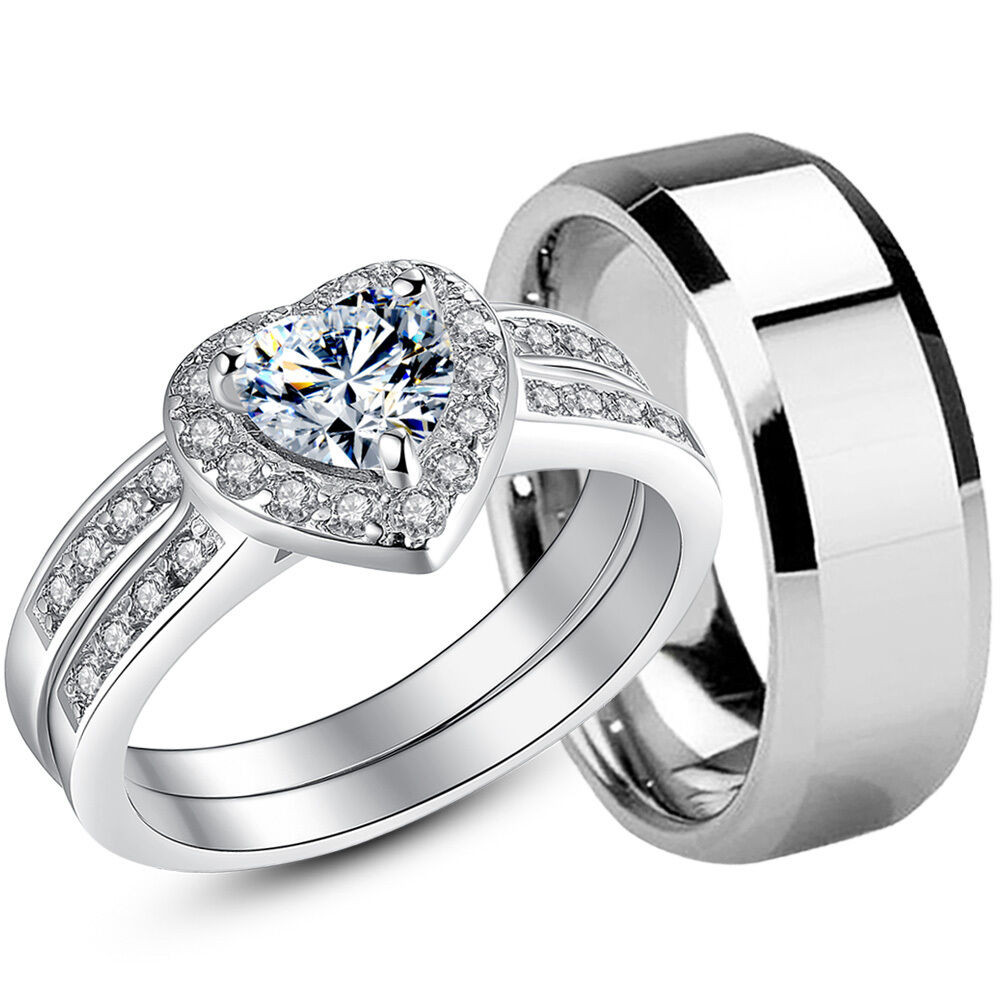 Silver Wedding Rings For Her
 925 Sterling Silver CZ Womens Wedding Bridal Rings Set