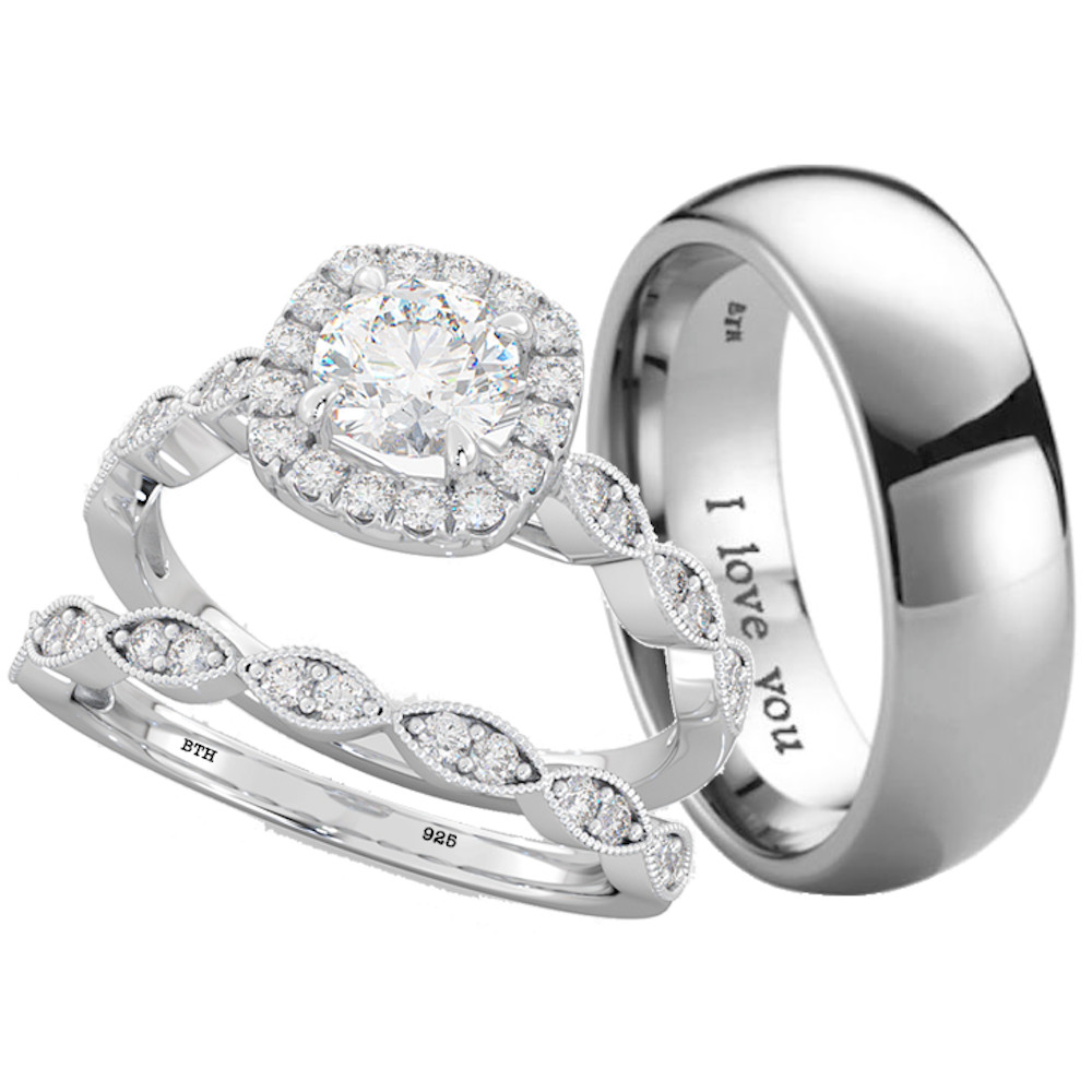 Silver Wedding Rings For Her
 His & Hers Silver Engagement Wedding Ring Set