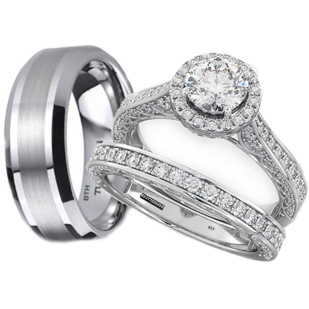 Silver Wedding Rings For Her
 His and Hers Tungsten 925 Sterling Silver Wedding