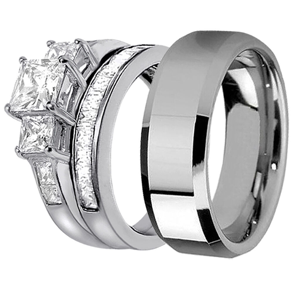 Silver Wedding Rings For Her
 His Stainless Steel Her 925 Sterling Silver Princess Cut