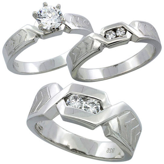 Silver Wedding Rings For Him
 Buy Sterling Silver Cubic Zirconia Trio Engagement Wedding