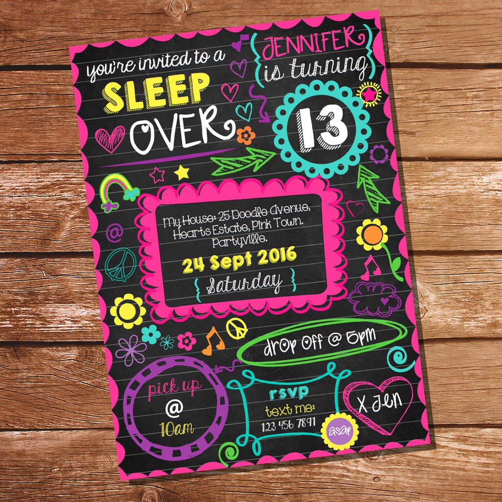Sleepover Birthday Party Invitations
 Neon Sleepover Doodle Invitation Tween Party