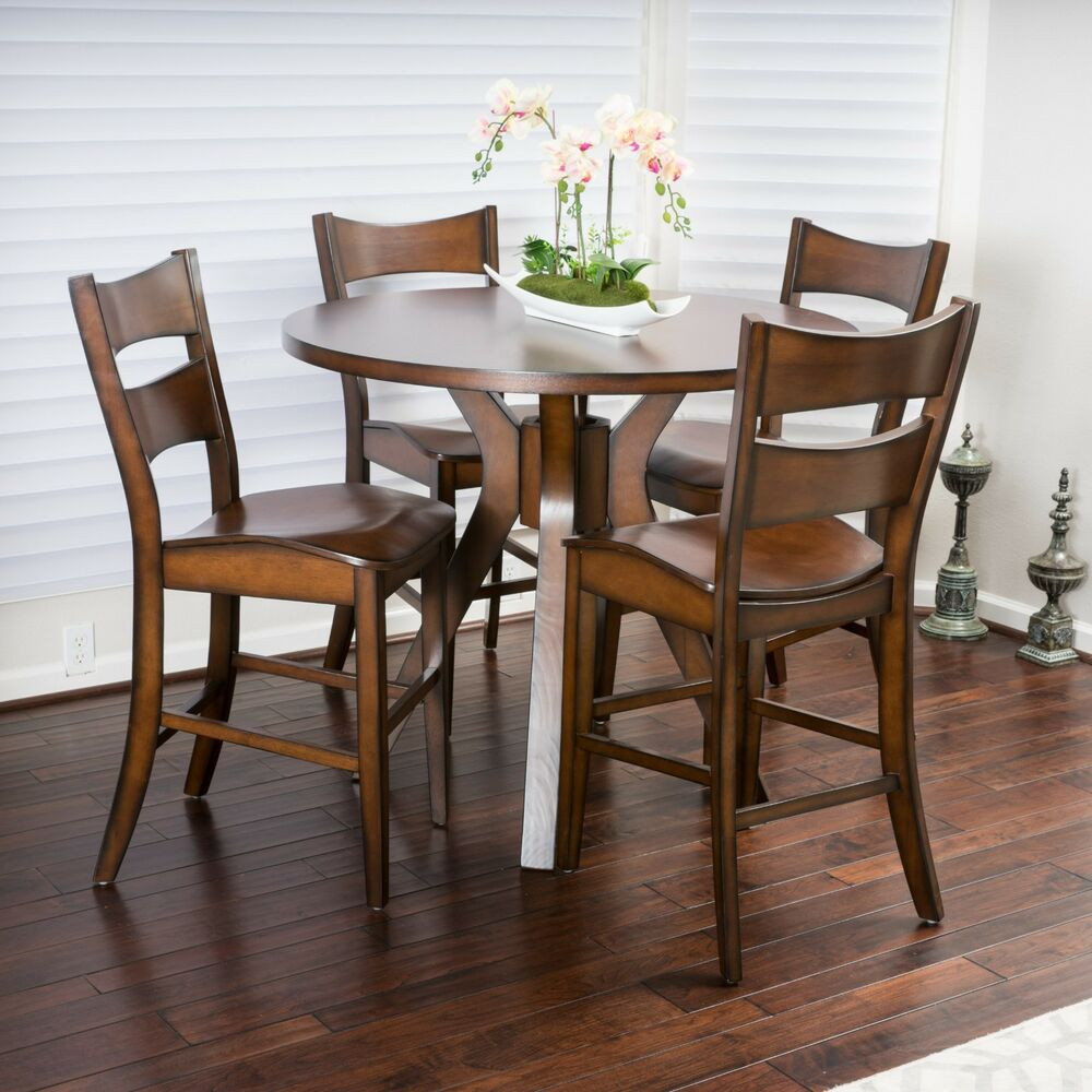 Small Round Kitchen Table Sets
 Casual 5 piece Round Counter Height Brown Wood Dining Set