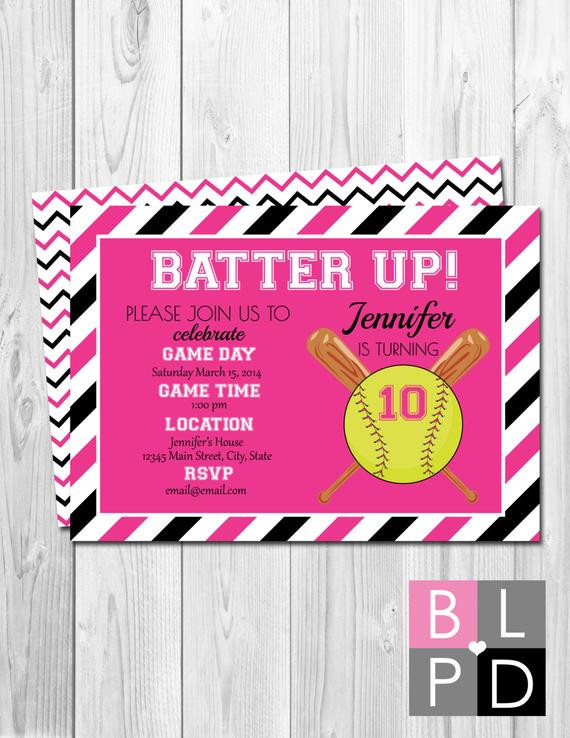 Softball Birthday Invitations
 Softball Birthday Party Invitation Batter Up Pink and