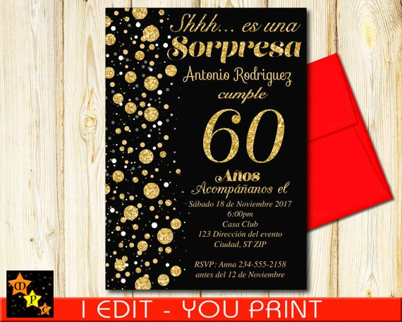 Spanish Birthday Invitations
 SPANISH 60th Birthday Surprise Invitation All Ages Black