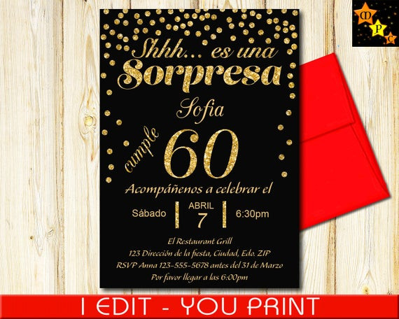 Spanish Birthday Invitations
 SPANISH 60th Birthday Surprise Invitation Black and Gold