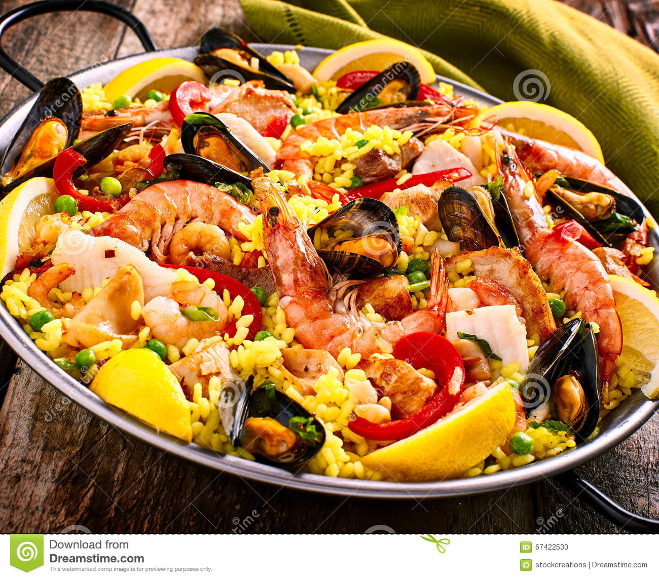 Spanish Rice Dish With Seafood
 Colorful Seafood Paella Dish With Shellfish Stock