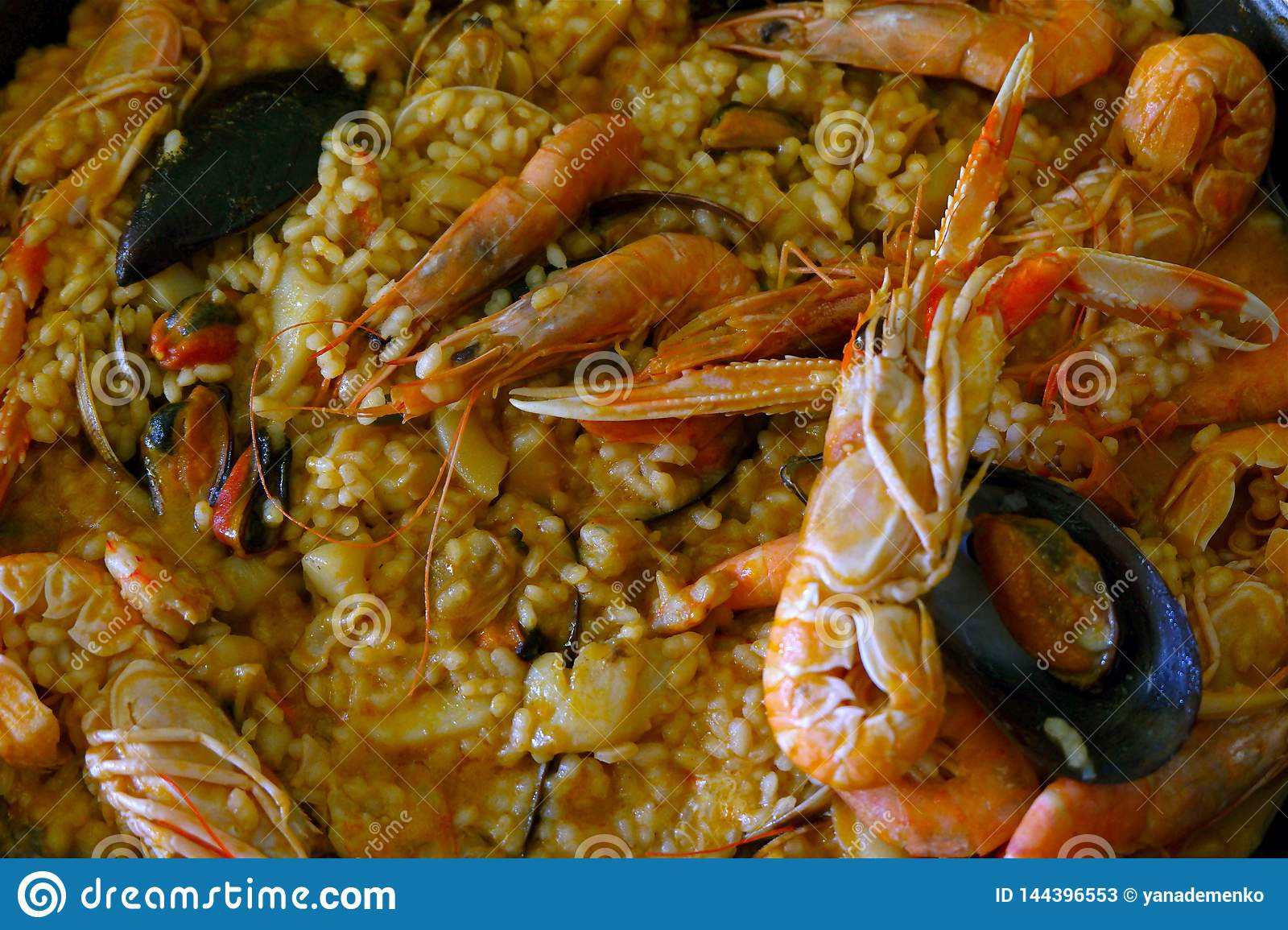 Spanish Rice Dish With Seafood
 Closeup Homemade Paella A Traditional Spanish Rice
