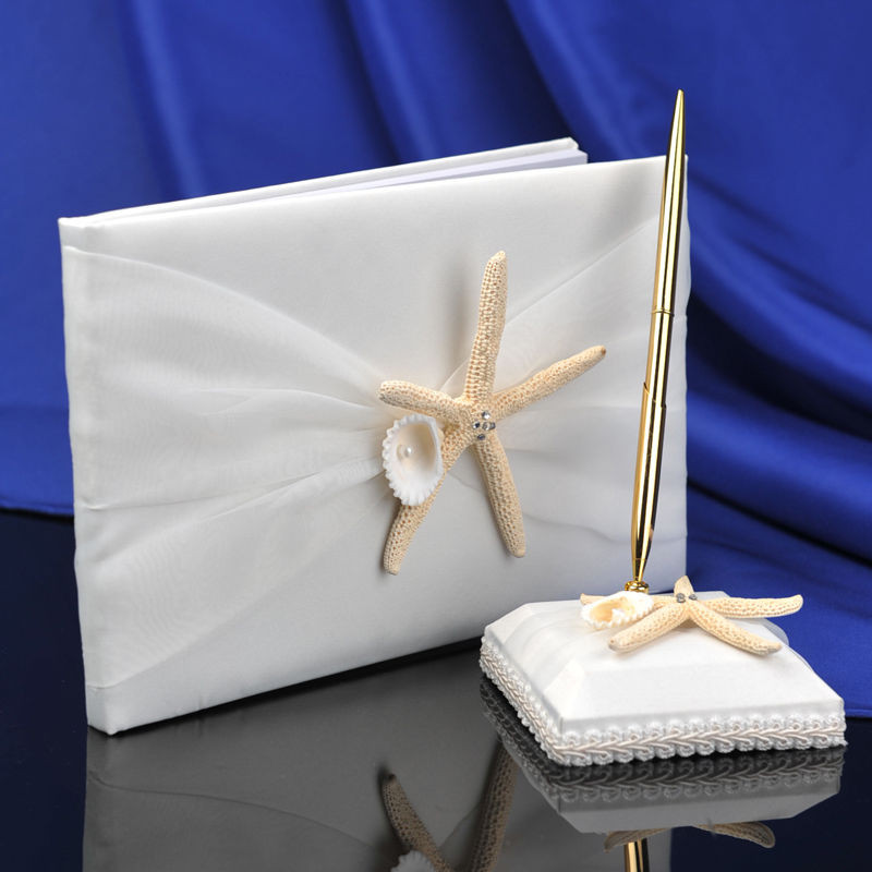 Starfish Wedding Guest Book
 New Ivory Satin Beach Wedding Guest Book and Pen Set w