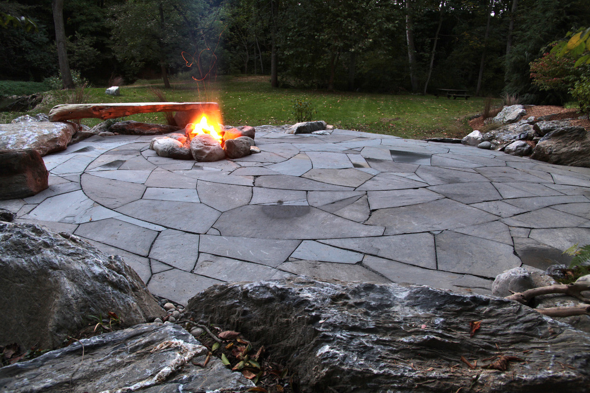 Stone Patio With Fire Pit
 Indian Run Landscaping Natural Flagstone Patio with Fire Pit
