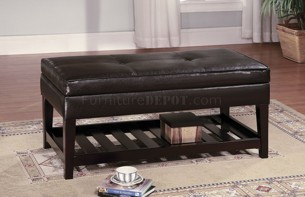 Storage Bench Coffee Tables
 Brown Leather Top Bench Coffee Table w Shelf & Slat