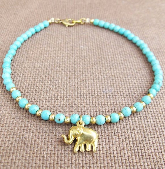 Summer Bracelet
 4 mm Turquoise Bead Summer Ankle Bracelet added Elephant Charm