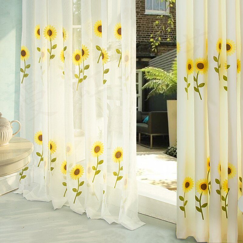 Sunflower Kitchen Curtains
 Pastoral Sunflower Embroidery Sheer Tulle Curtains For