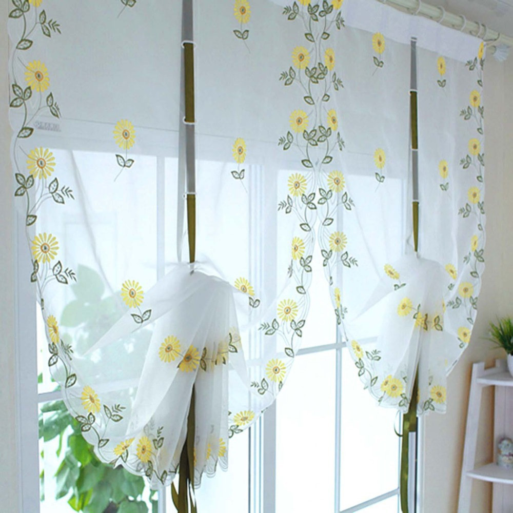Sunflower Kitchen Curtains
 New Embroidered Sunflowers Shade Sheer Voile Cafe Kitchen