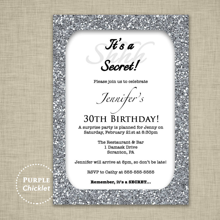 Surprise 30th Birthday Party Invitations
 30th Birthday Invitation Silver Glitter Glam Surprise Party