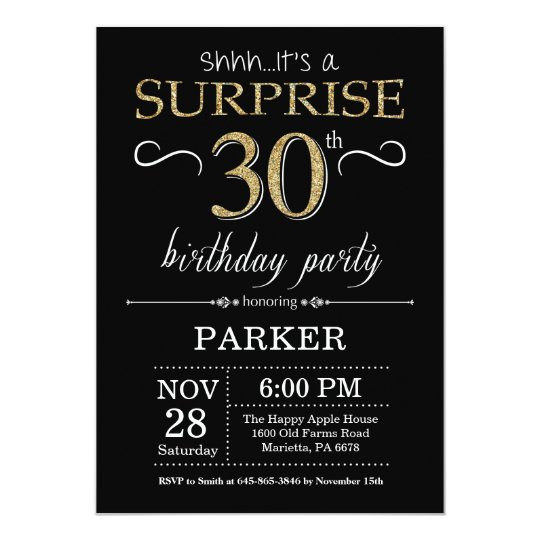 Surprise 30th Birthday Party Invitations
 Surprise 30th Birthday Invitation Black and Gold