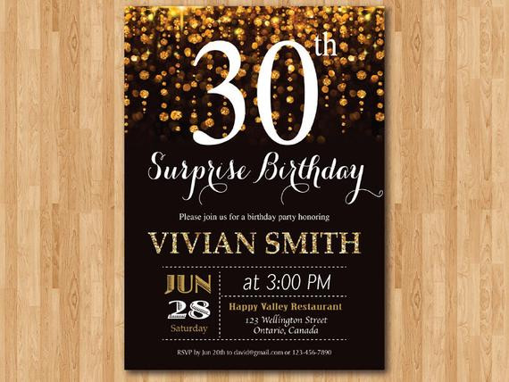 Surprise 30th Birthday Party Invitations
 Surprise 30th birthday invitation Thirty and fabulous Gold