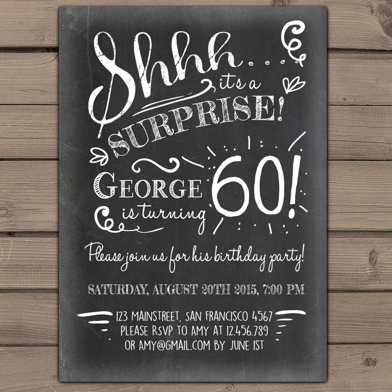 Surprise 60th Birthday Invitations
 Surprise 60th birthday invitation Chalkboard invitation