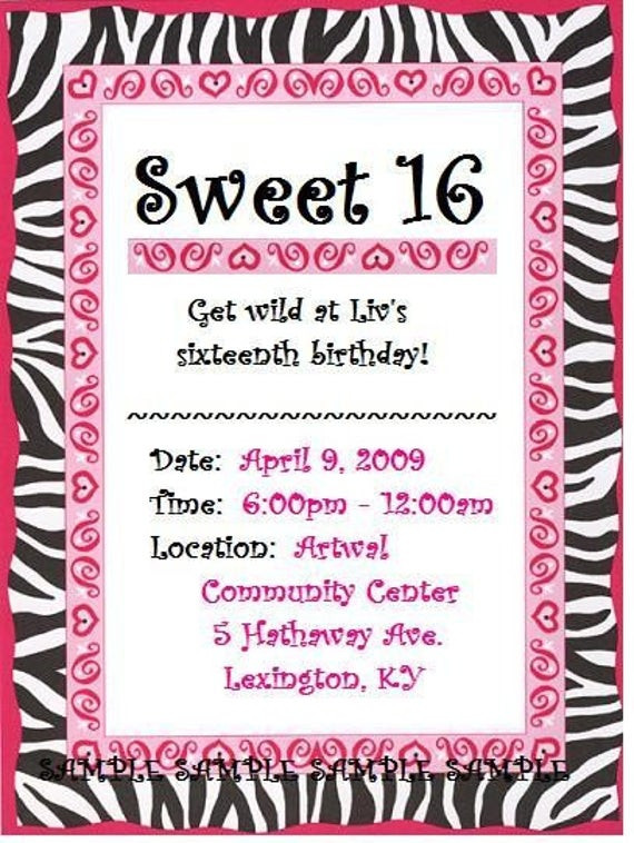 Sweet 16 Birthday Invitations Free Printable
 Print Your Own Sweet 16 Birthday Invitation Zebra Stripe