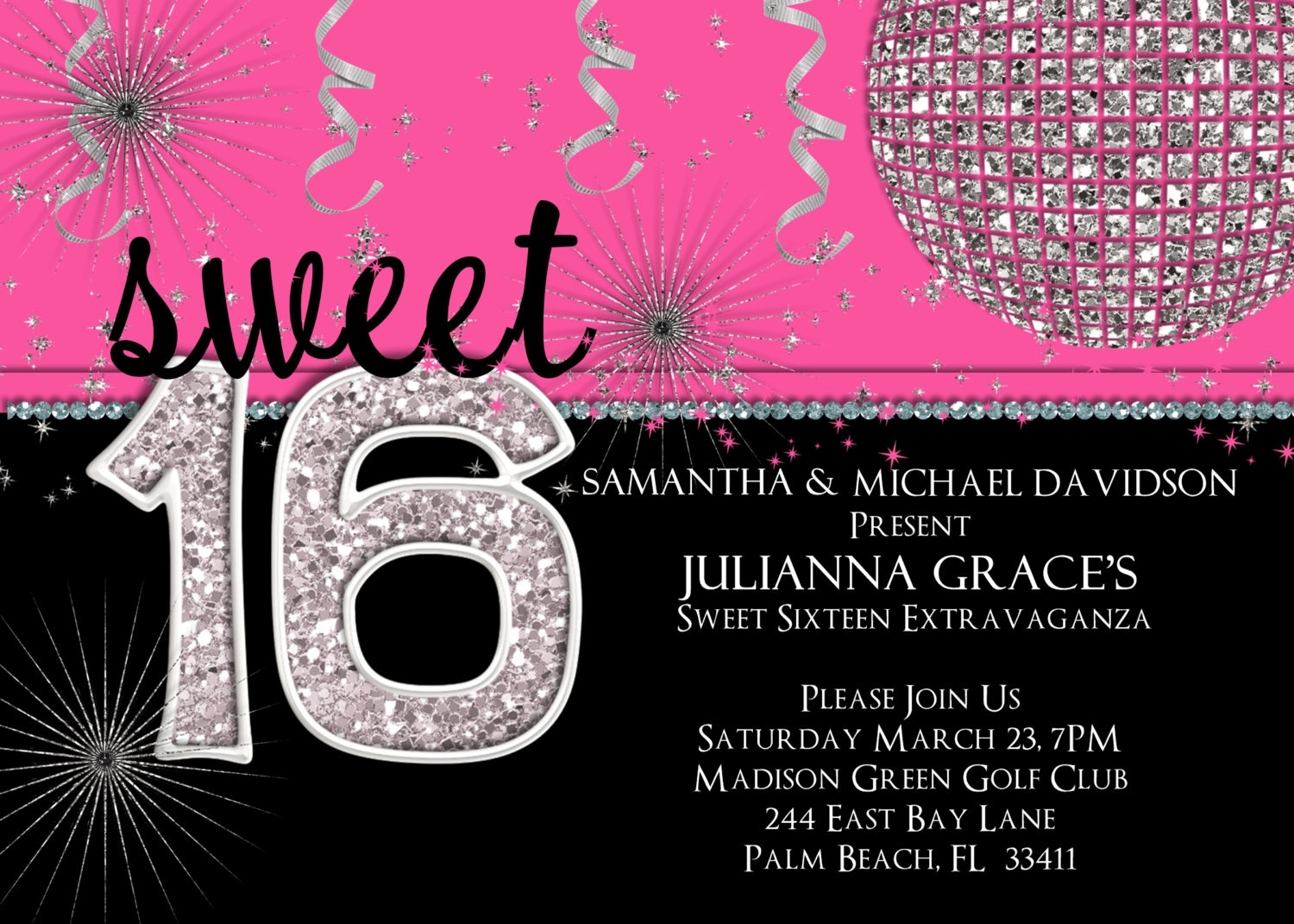 Sweet 16 Birthday Invitations Free Printable
 Sweet 16 Birthday Invitation Hot Pink Custom and Printable