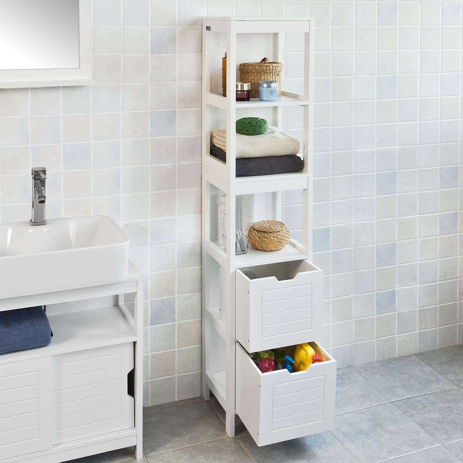Tall Bathroom Cabinet With Doors
 Haotian White Floor Standing Tall Bathroom Storage Cabinet
