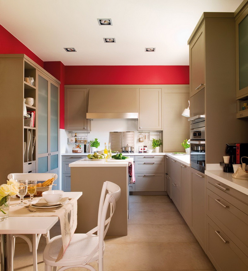 Tan Kitchen Walls
 Modern Beige Kitchen Design With Red Walls