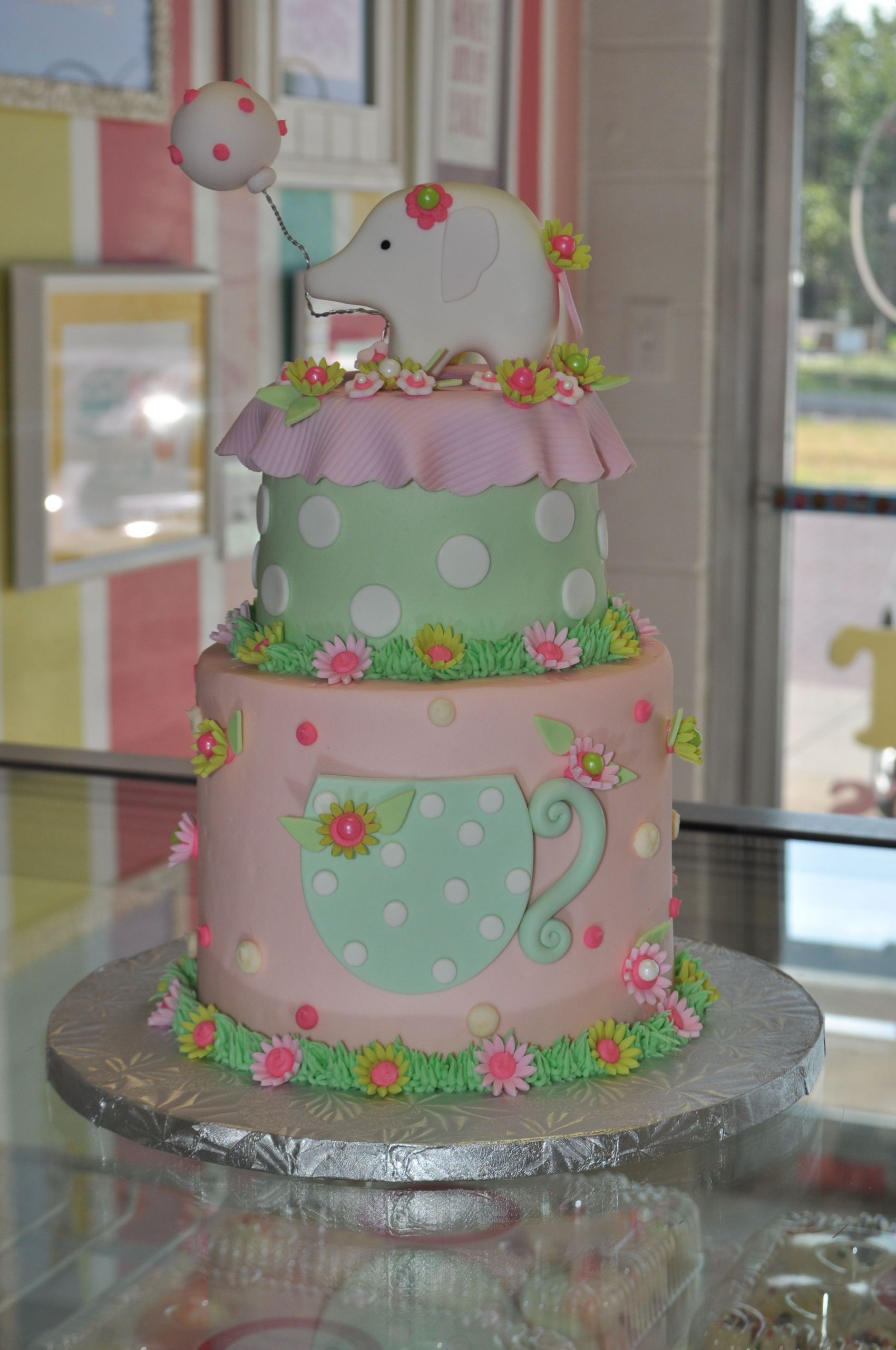Tea Party Baby Shower Cake
 Elephant Tea Party Girly Baby Shower Cake Pink and Green
