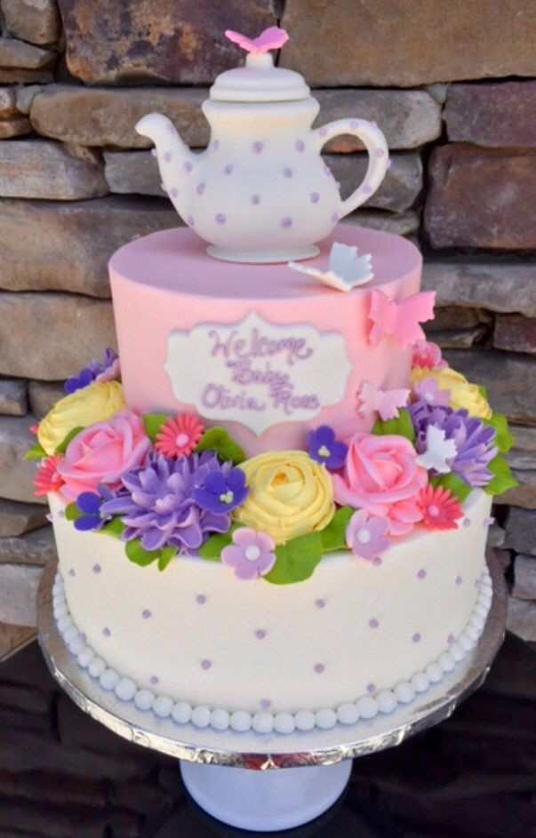 Tea Party Baby Shower Cake
 Tea party and flower themed baby shower cake with an