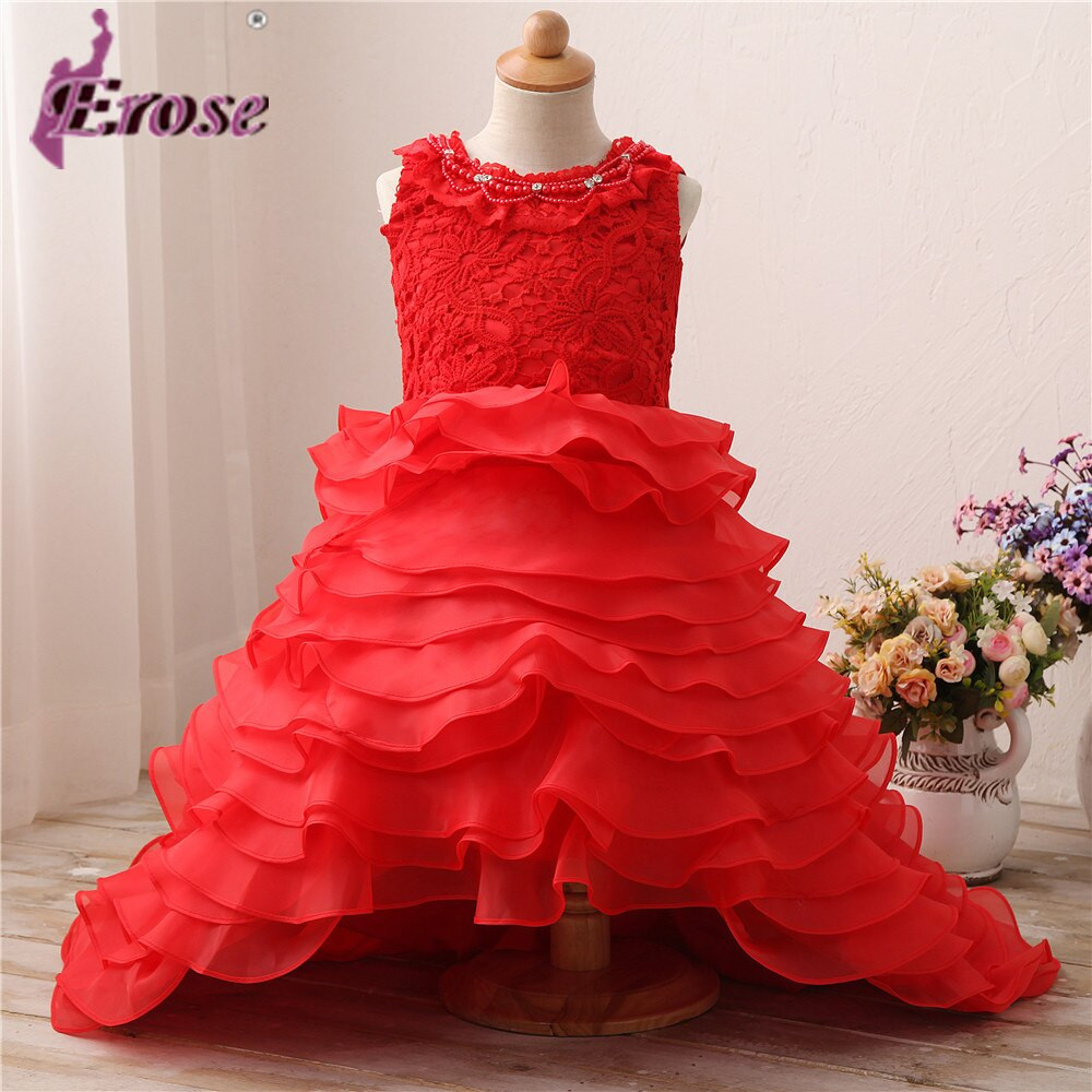 Tea Party Dresses For Kids
 Red Lace Organza Flower Girl Dress With Pearls Tea Length