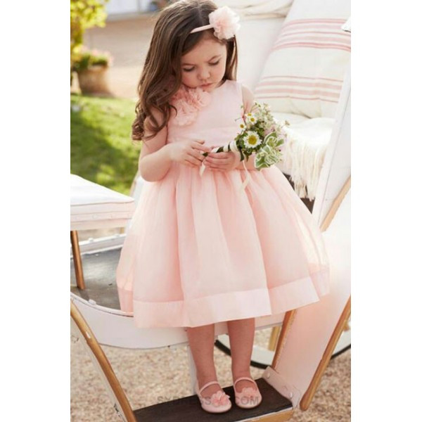 Tea Party Dresses For Kids
 Cute Tea Length Pink Organza Junior Flower Girl Dress for