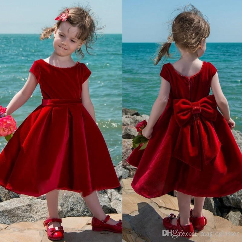 Tea Party Dresses For Kids
 Cute Red Velvet Flower Girl Dress Tea Length Baby Girls