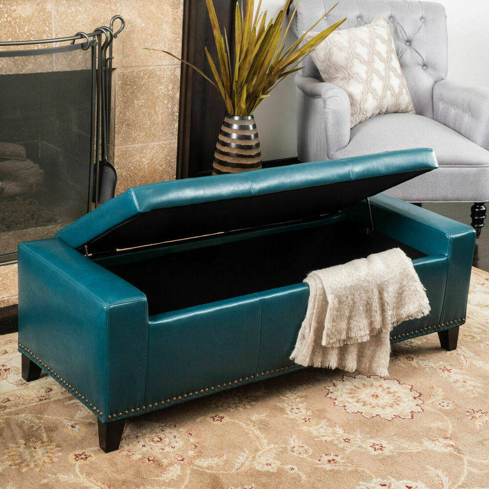 Teal Storage Bench
 Contemporary Studded Teal Leather Storage Ottoman Bench