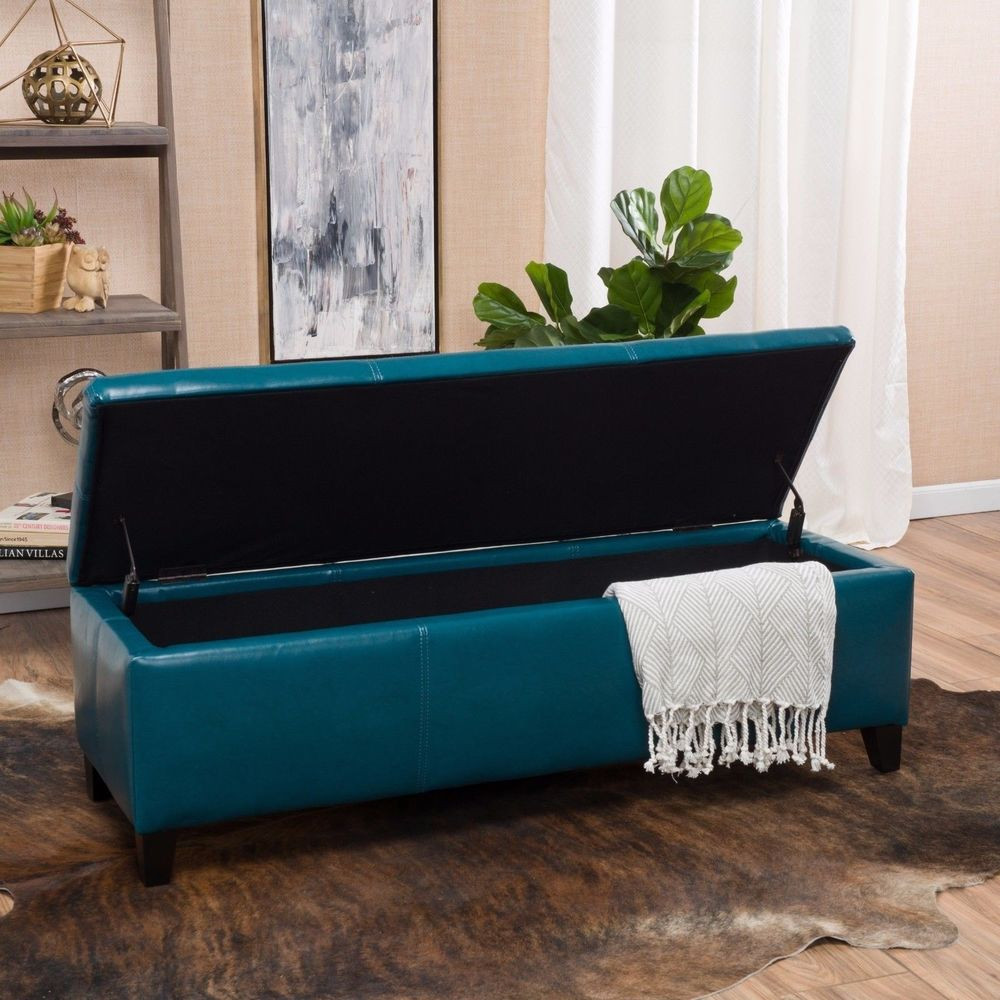 Teal Storage Bench
 Contemporary Teal Leather Storage Ottoman Bench