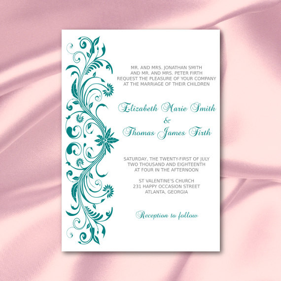 Teal Wedding Invitations
 Teal Wedding Invitation Template Diy Green Silver Gray