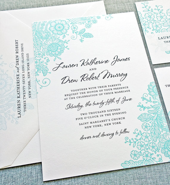 Teal Wedding Invitations
 Lauren Teal Lace Wedding Invitation Sample Custom Wedding