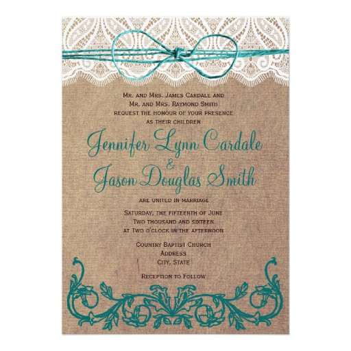 Teal Wedding Invitations
 Rustic Country Lace Brown Teal Wedding Invitations 5" X 7