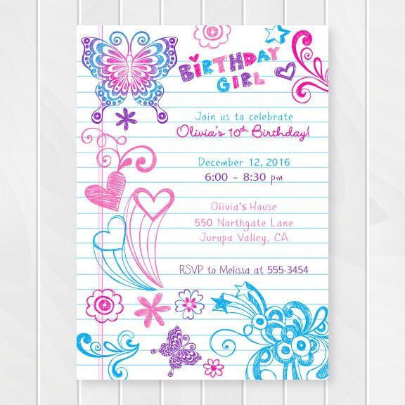 Teenage Birthday Invitations
 Notebook Doodles Tween Birthday Invitation Girl Birthday