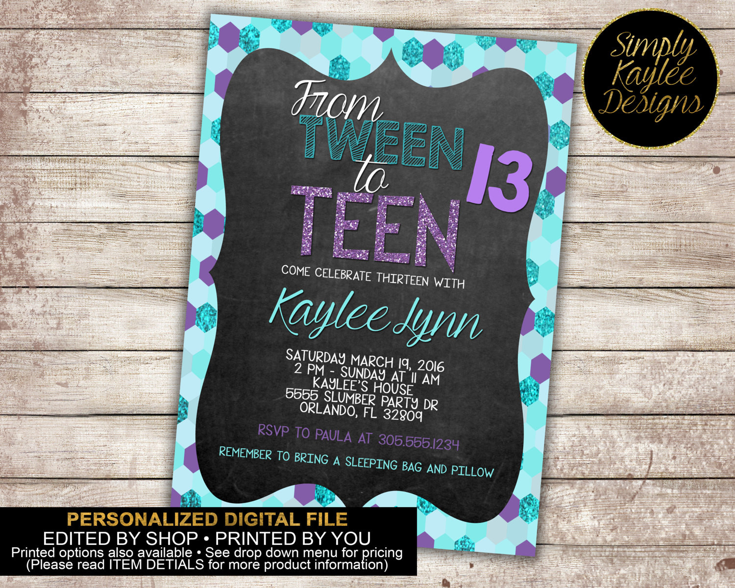 Teenage Birthday Invitations
 Purple and Teal Sequined Tween to Teen Birthday Invitation