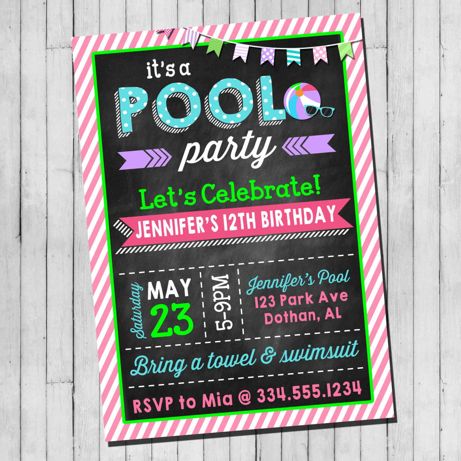 Teenage Birthday Invitations
 Pool Party Birthday Invitation Girl Teen Pool Party Beach