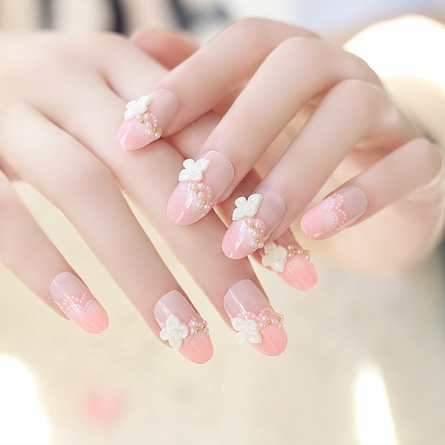 Temporary Nails For A Wedding
 Wedding Nails Sweet Princess Pink Designed Long Fake Nails